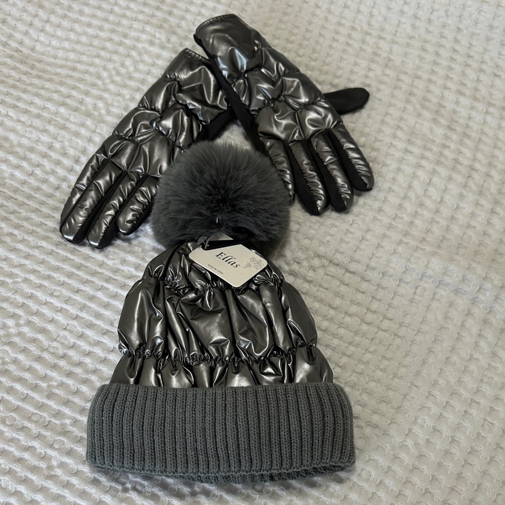 Metallic Silver Hat and Gloves Set